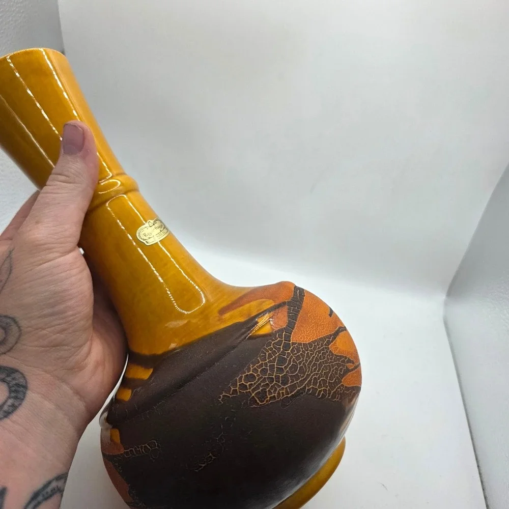 Royal Haeger Mid Century Modern Yellow Brown Drip Glaze Pottery Vase Vintage